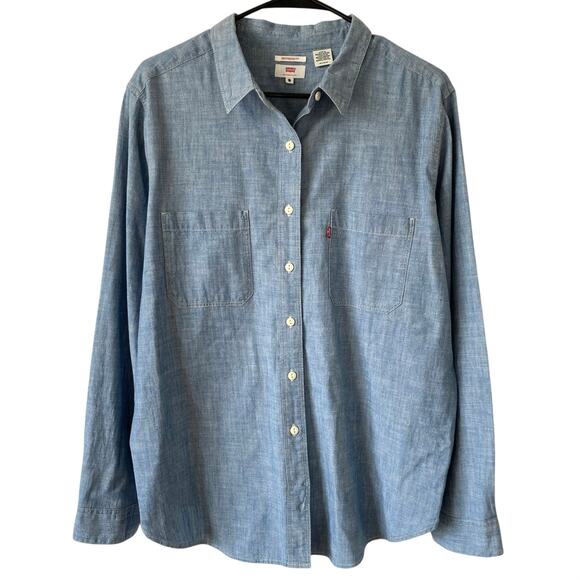 LEVI'S Boyfriend Fit Button Down Shirt Chambray Blue Size XL Southwestern Casual - Picture 1 of 4